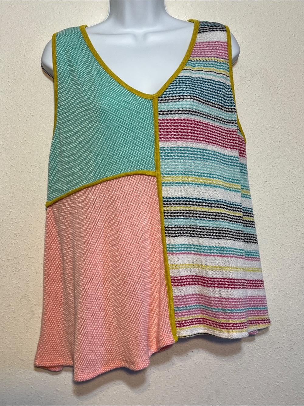 Sugarfox Colorblock Knit Tank Top in Mint, Coral & Multicolor Stripe Size 1X